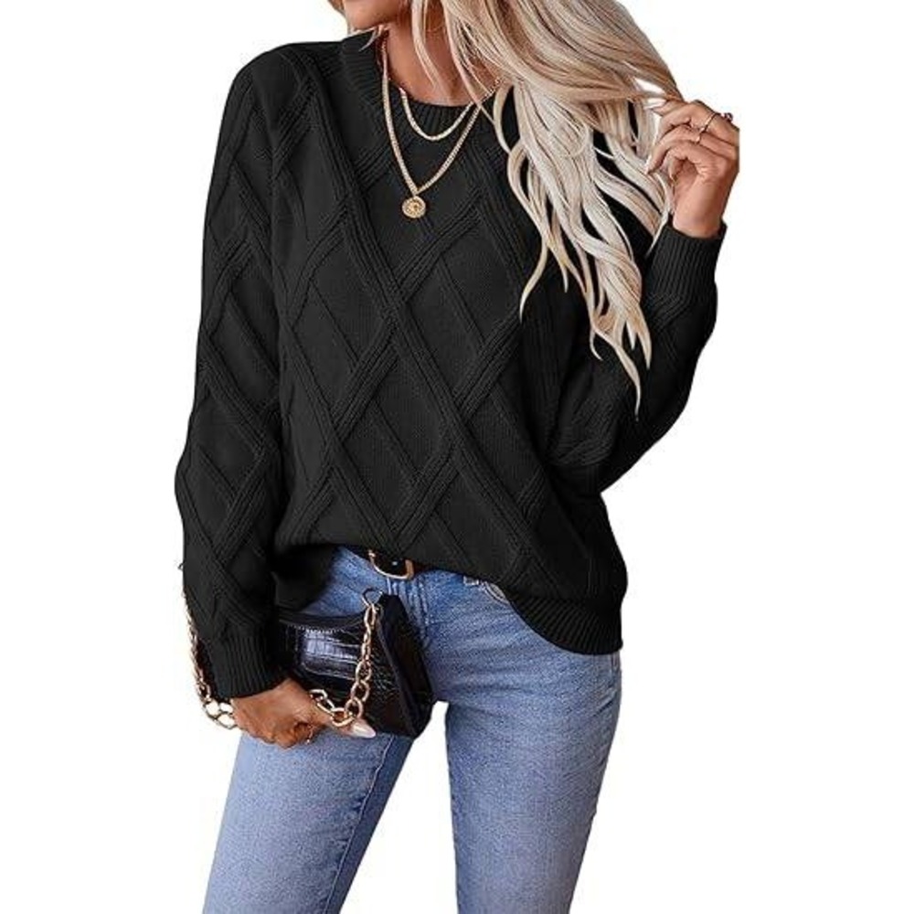 MSRP‎ $48 SHEWIN Womens XL Black Sweaters Crewneck Cable Knit Sweater Long Sleev